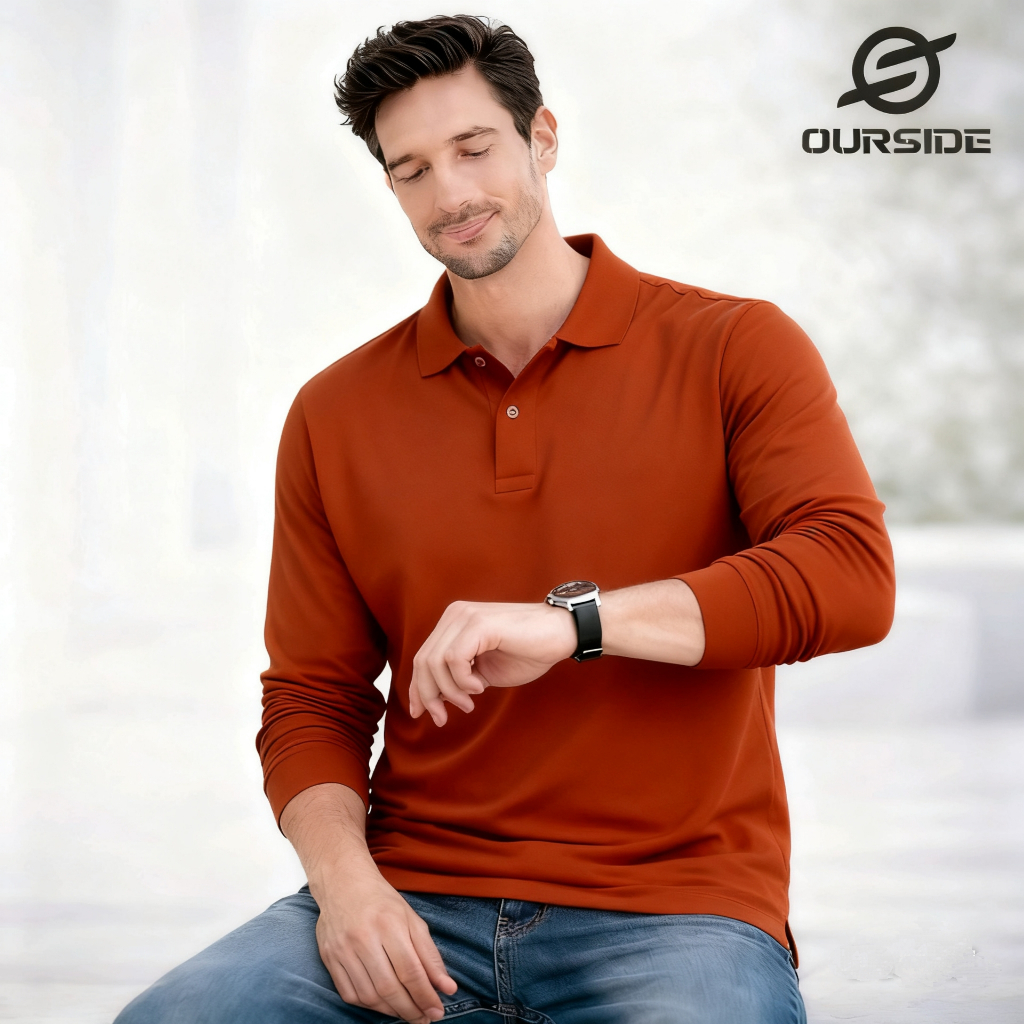 OURSIDE - Kaos Polo Shirt Unisex Berkerah Lengan Panjang Merah bata