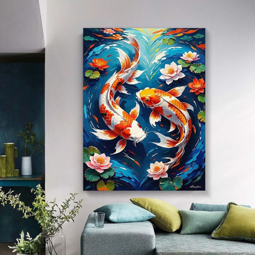 lukisan ikan koi aestetic hiasan dinding modern minimalis dekorasi rumah ruang tamu kamar hotel