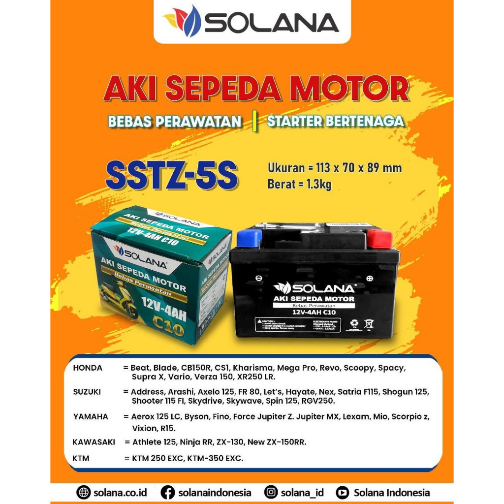 aki sepeda motor beat aki sepeda motor solana kualitas premium SOLANA 12V 4AH AKI MOTOR SSTZ 5S AKI 
