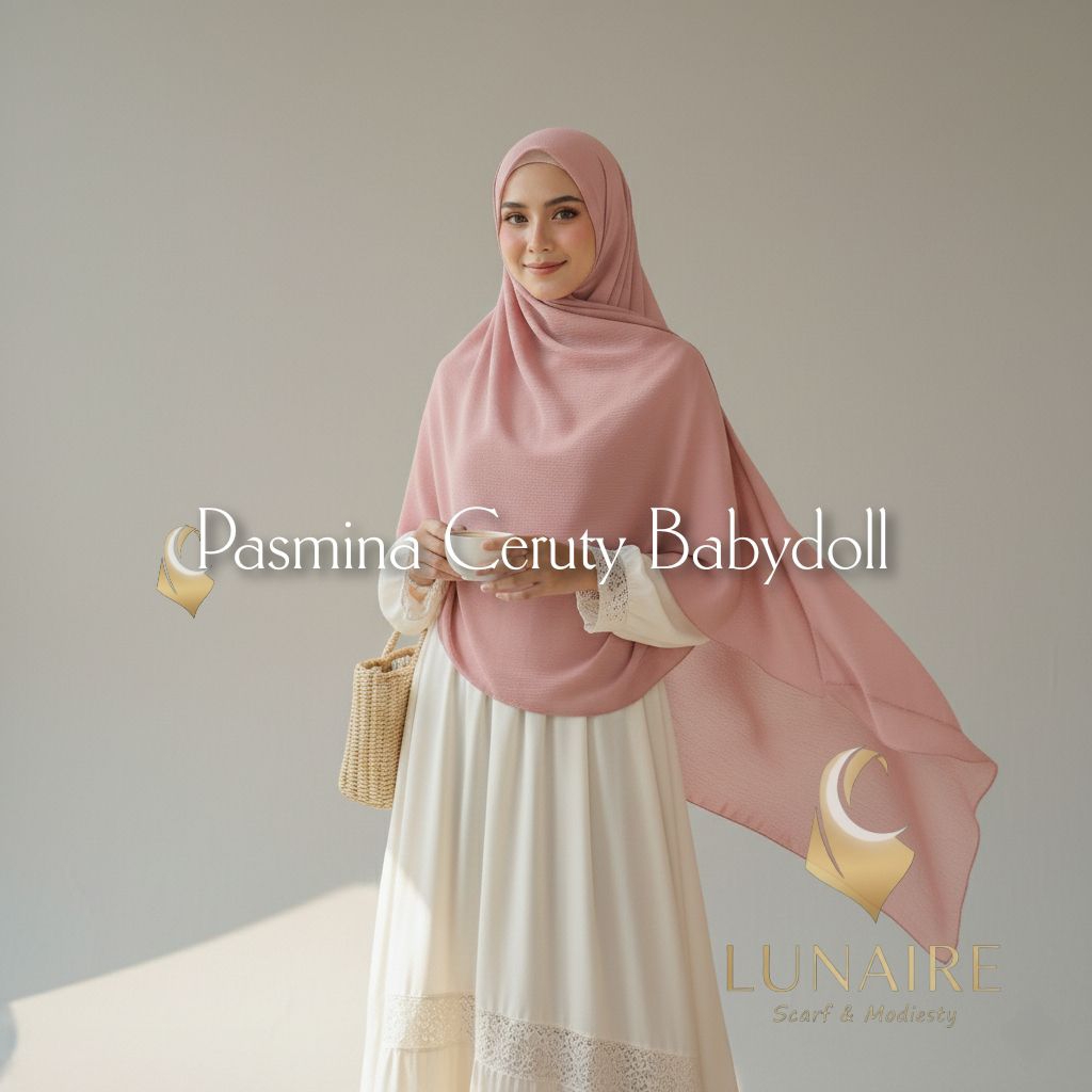 PASMINA CERUTTY BABYDOLL 200cm x 75cm Jahit Tepi Rapih dan Halus - LUNAIRE HIJAB Fashion Muslim Hija
