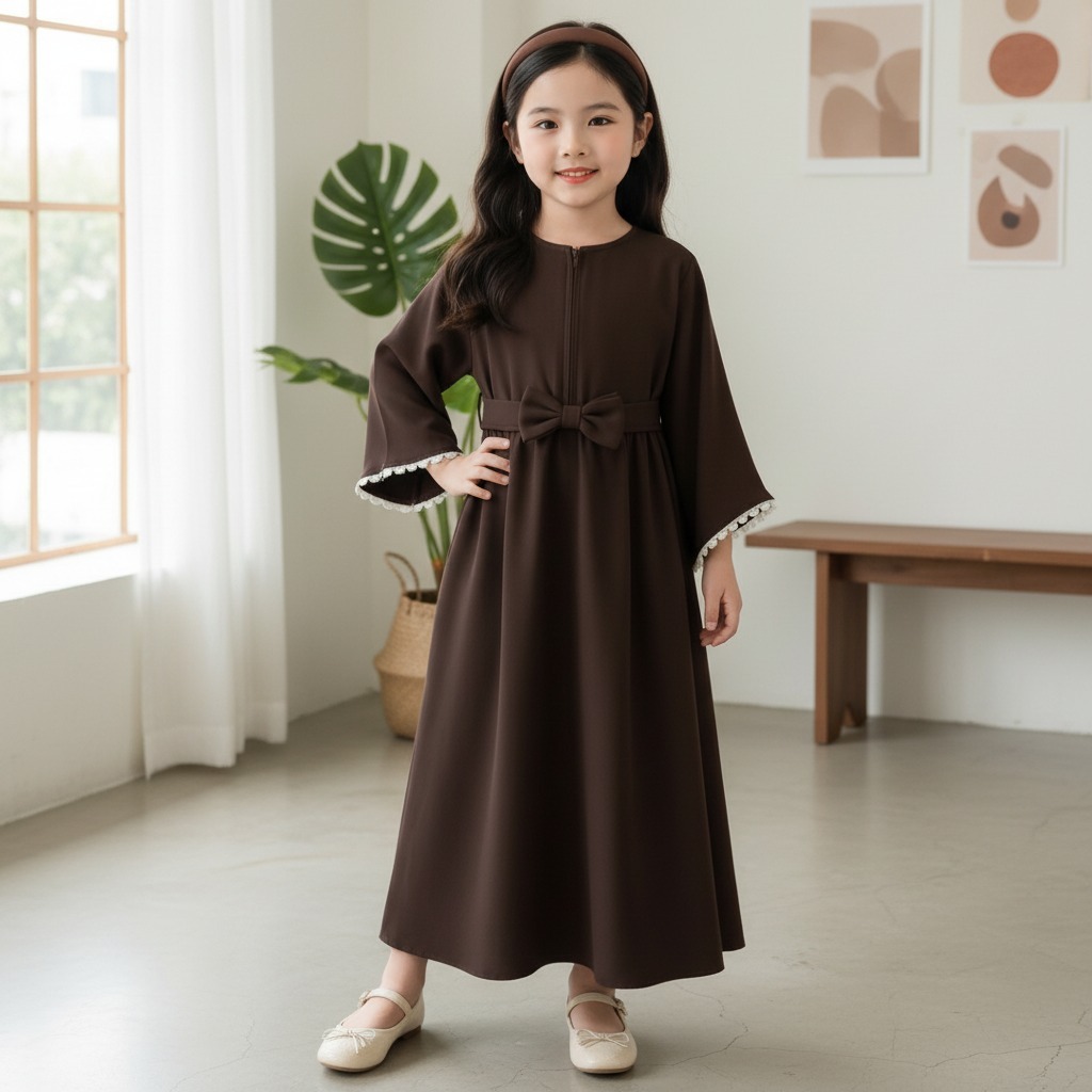 Abaya Raya Anak Perempuan Gamis Abaya Anak 2-8 Tahun Pinggang Pita Katun Twill Premium