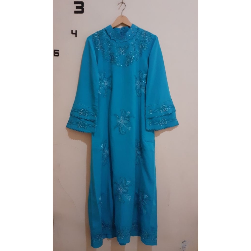 preloved gamis longdress bunga bordir payet biru