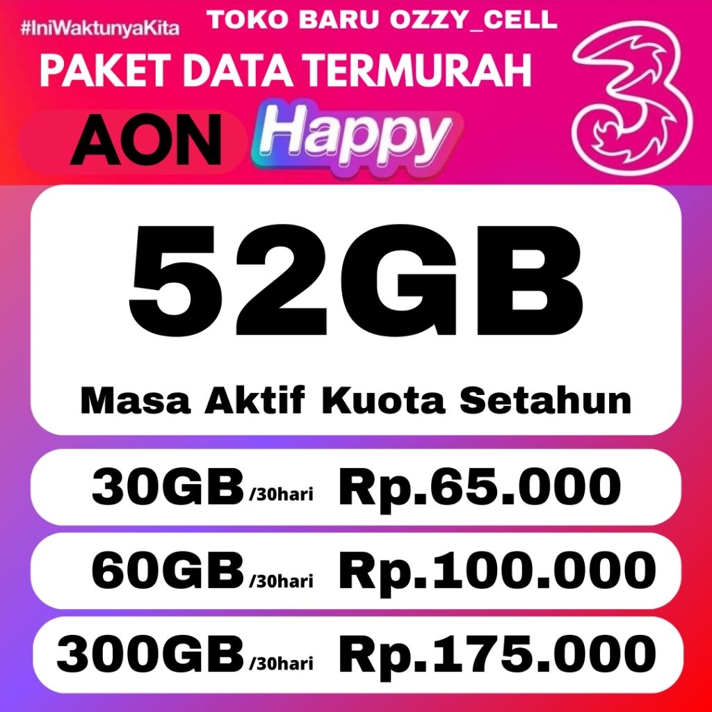 PROMO MURAH ISI ULANG KUOTA TRI AON MASA AKTIF SETAHUN UNLIMITED 3 THREE HAPPY VOUCHER PAKET DATA