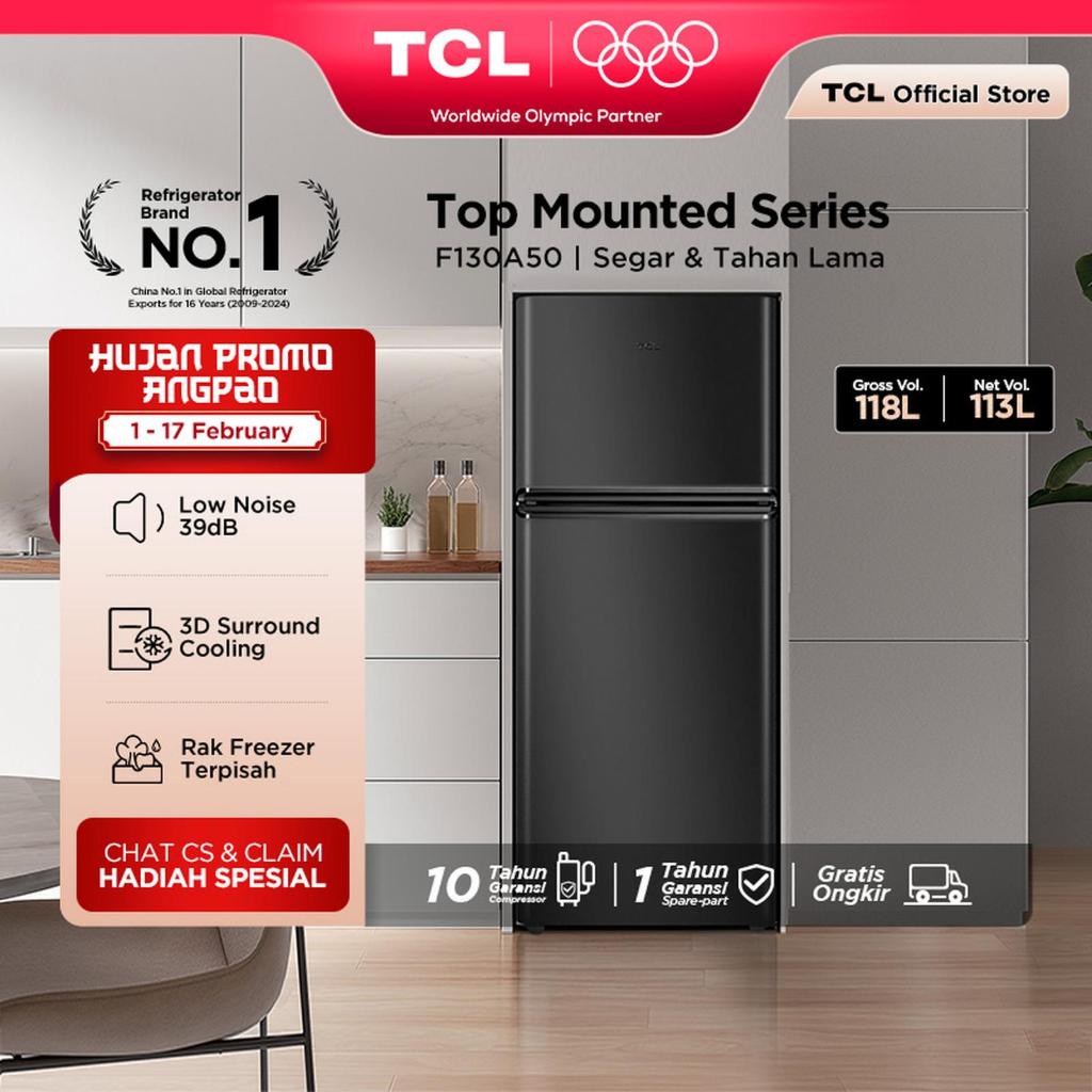 TCL Kulkas 2 Pintu (F130-A50) - Kapasitas 118L - Rak Freezer Terpisah - 3D Surround Cooling - Adjust