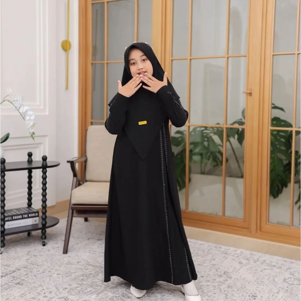 Gamis Anak Remaja Usia 8 9 10 Tahun Set Hijab Warna Hitam Terbaru Lebaran Fashion Muslim
