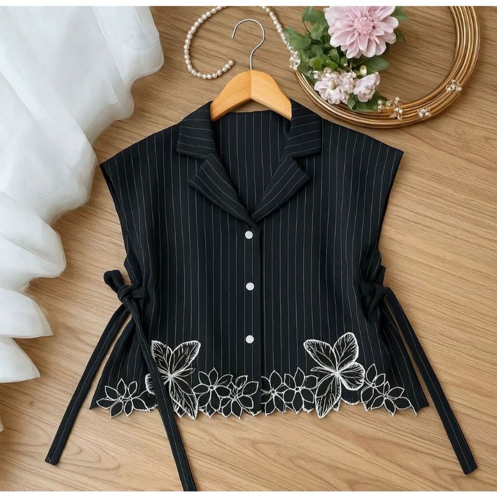 MARIPOSA VEST WANITA SEMIWOOL STRIPE / VEST BORDIR TALI PINGGANG OUTER REMAJA DEWASA