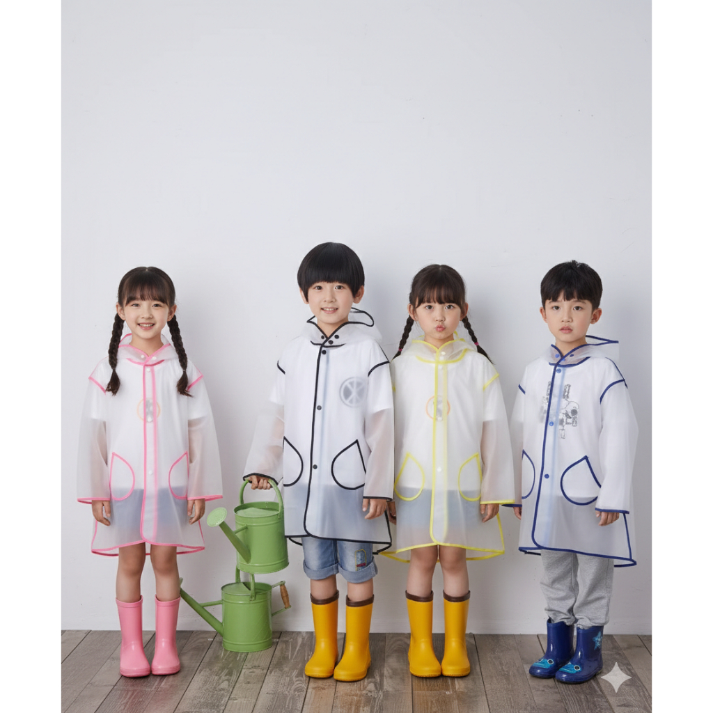 Jas Hujan Anak Korea Kartun Komik 2D Lucu Laki Laki Perempuan PVC Putih Transparan Raincoat Kids Ponco Terusan Bahan Tebal Anti Air Waterproof Ringan Enteng hoodie Viral Sekolah TK SD Remaja Outdoor Jaket Mantel Anti Rembes List Hitam Biru Pink Kuning