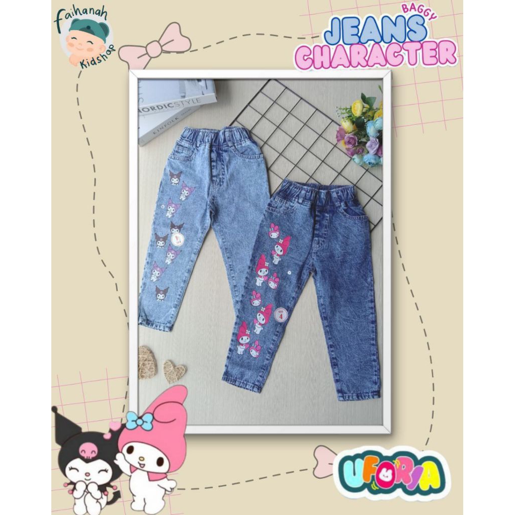 Baggy Jeans Character Sanrio By Uforia/ Celana Jeans Anak Perempuan Kece/ Celana Anak Perempuan 4-10