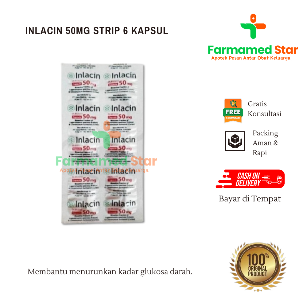 INLACIN 50MG STRIP 6 KAPSUL - Obat Herbal Penurun Gula Darah, Bahan Alami, 30 Kapsul