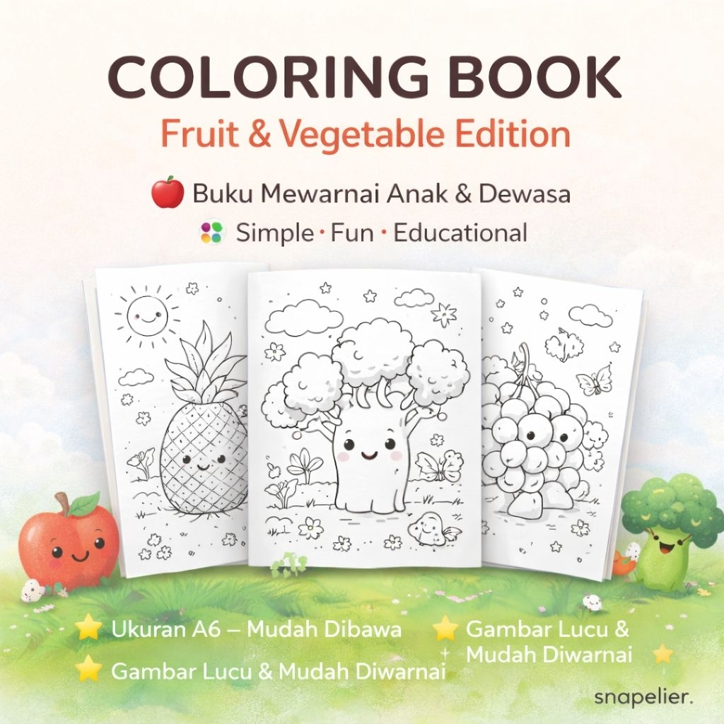 Coloring Book Buah & Sayur A6 | Compact Travel Coloring Book | Buku Mewarnai Anak & Dewasa