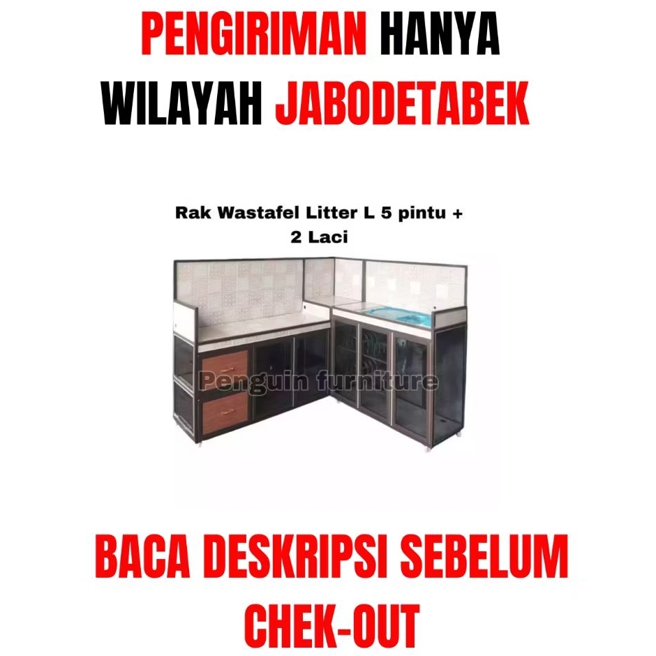 BACA DESKRIPSI / Chat TOKO/ Rak wastafel litter L 5 pintu + 2 laci tiang alumunium holo/rak wastafel