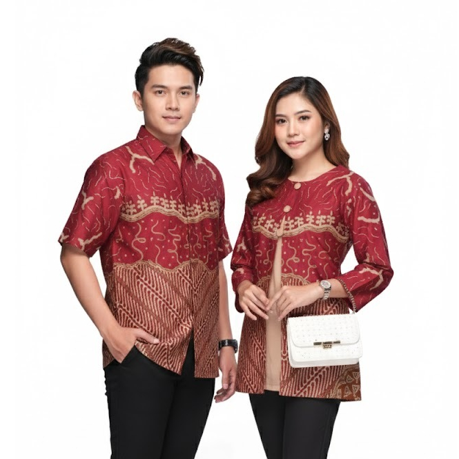 Set Batik Pasangan Mewah Warna Merah Maroon - Couple Baju Atasan Kerja Kemeja Blus Kerja Batik Arini