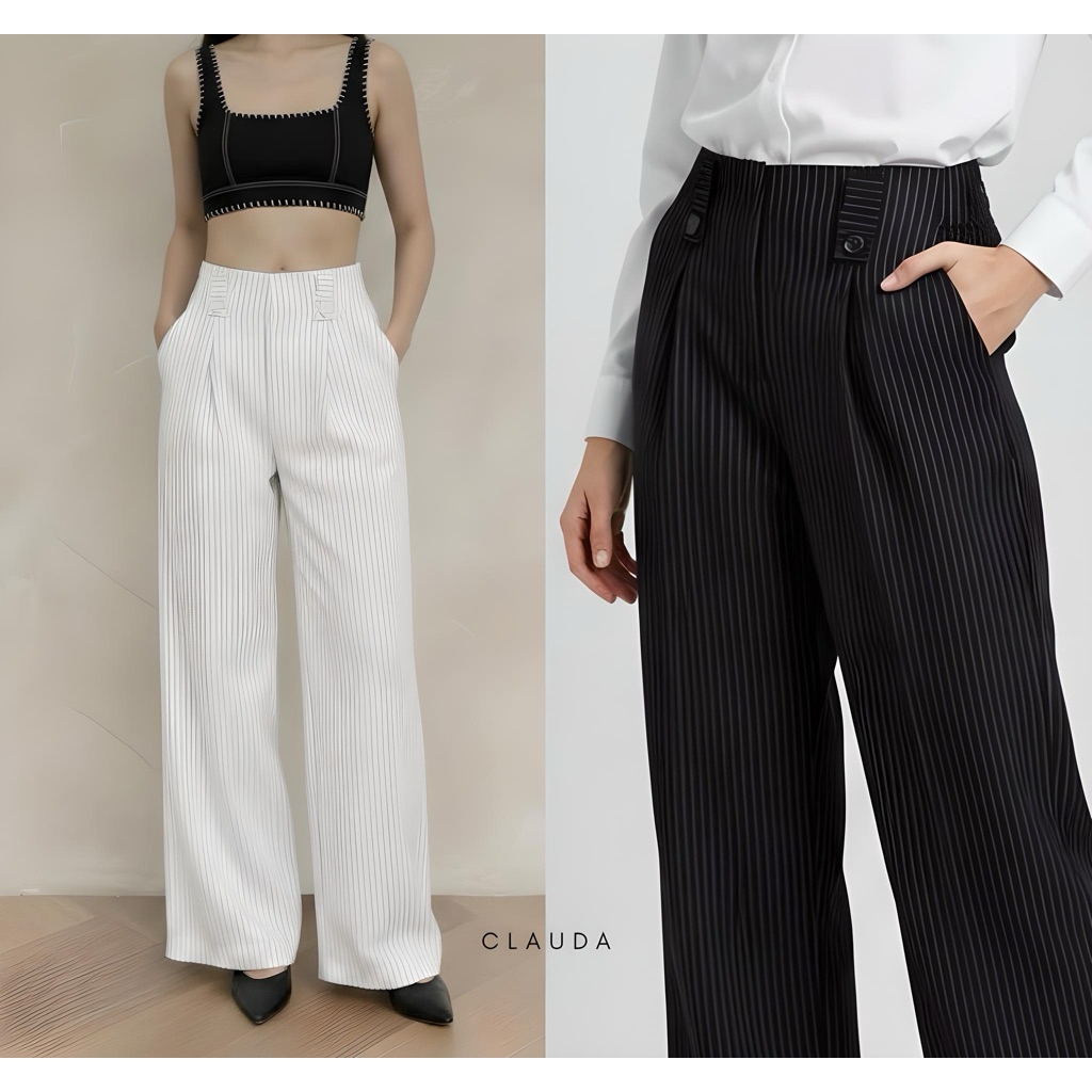 Helena Pants - Loose Pants Stripe Pleated Wide Trouser Wanita - Celana Panjang Motif Garis Salur Pin