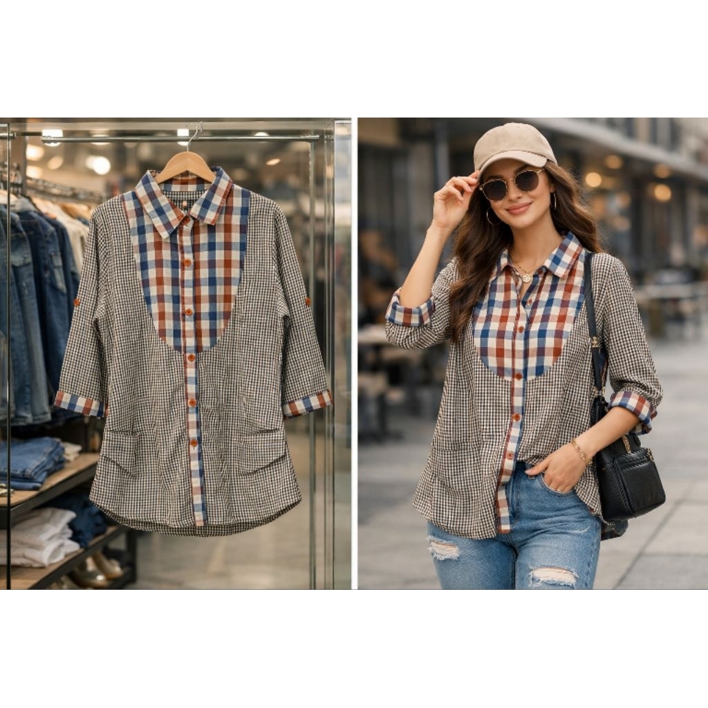 Kemeja Katun Wanita Motif Kotak Kombinasi Casual