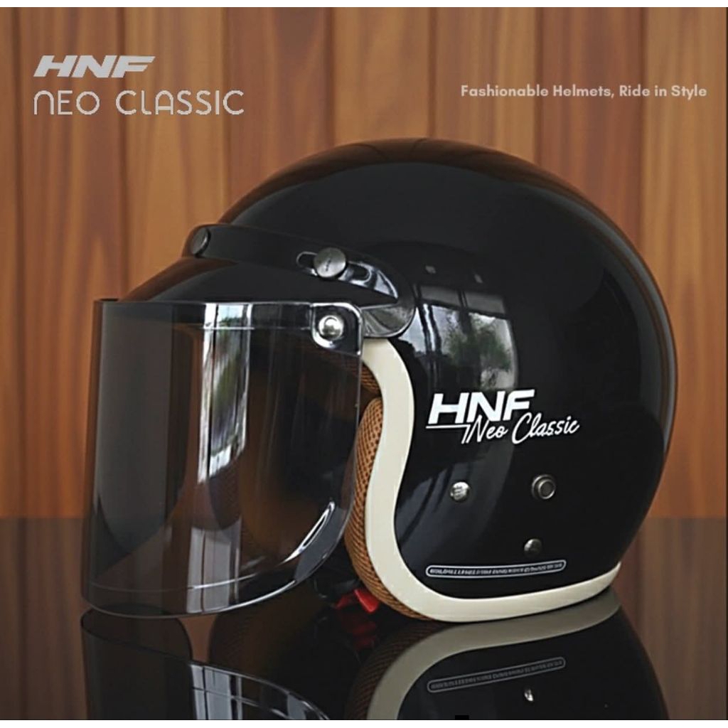 HELM BOGO HNF NEO CLASIC WANITA - LAKI LAKI INCLUD KACA DATAR SMOKE,SNI PREMIUM - helm hnf neo clasi