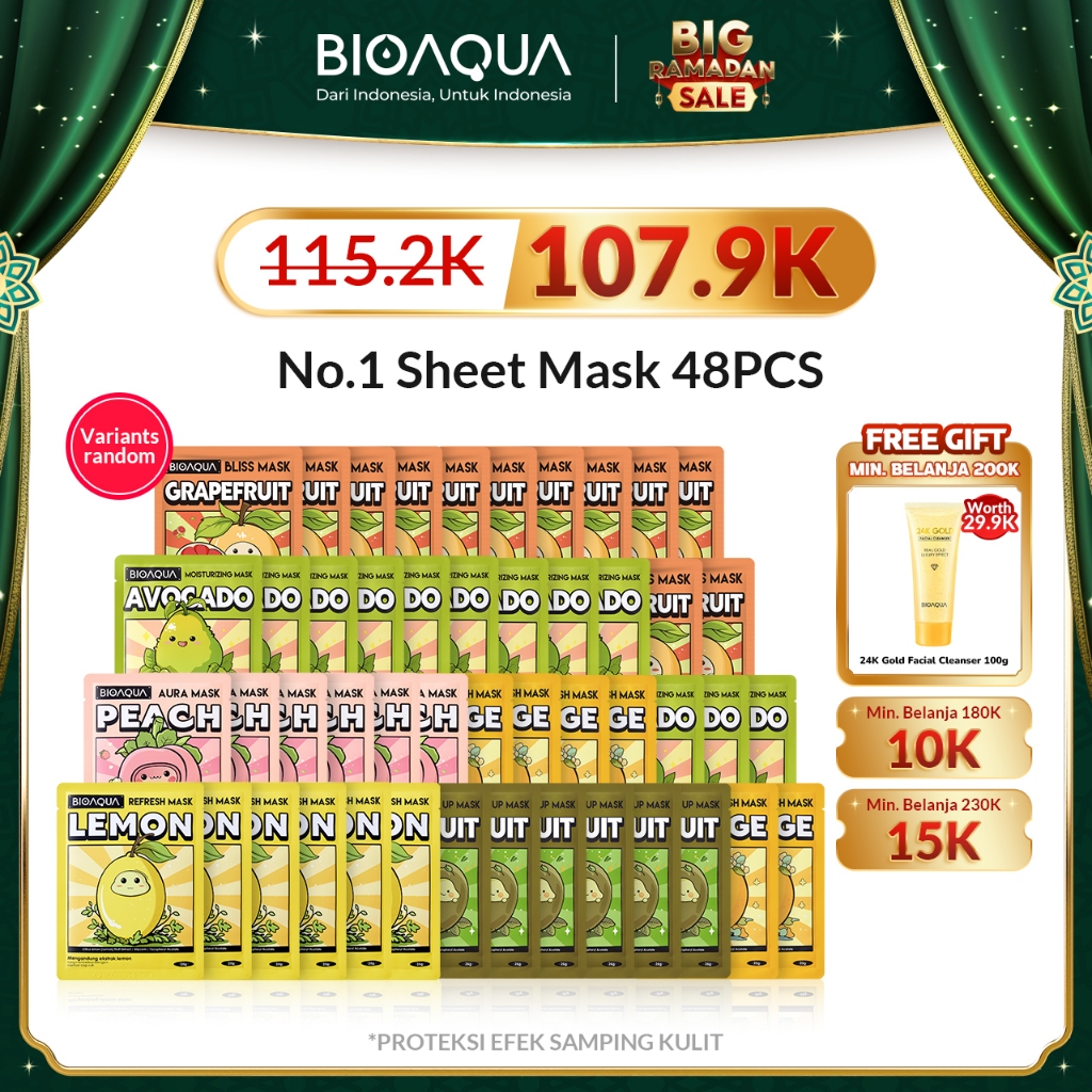 BIOAQUA Fruit Sheet Mask Masker Wajah Mix 24pcs / 48pcs SheetMask Face Mask Masker Muka Untuk All Sk