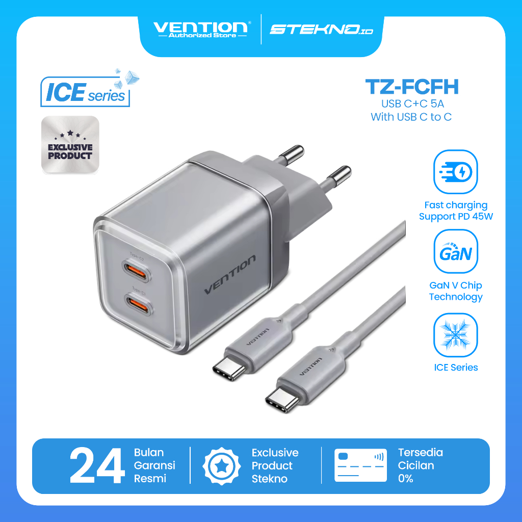 Vention 45W GaN Charger ICE Series + Kabel USB-C to USB-C 5A Fast Charging Adapter iPhone Samsung La