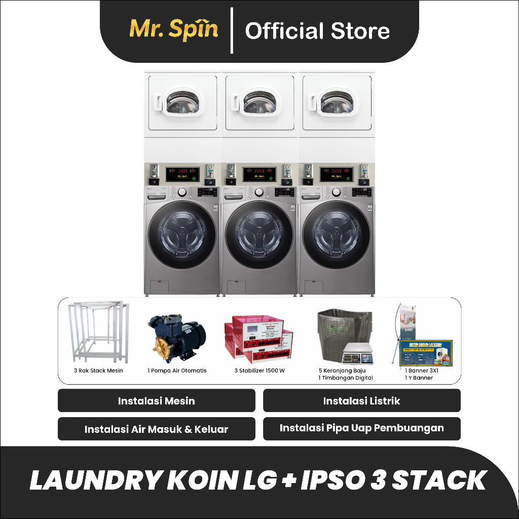 Paket Usaha Laundry Koin LG 20kg - Non Partisi - Paket Laundry 3 4 dan 5 Stack