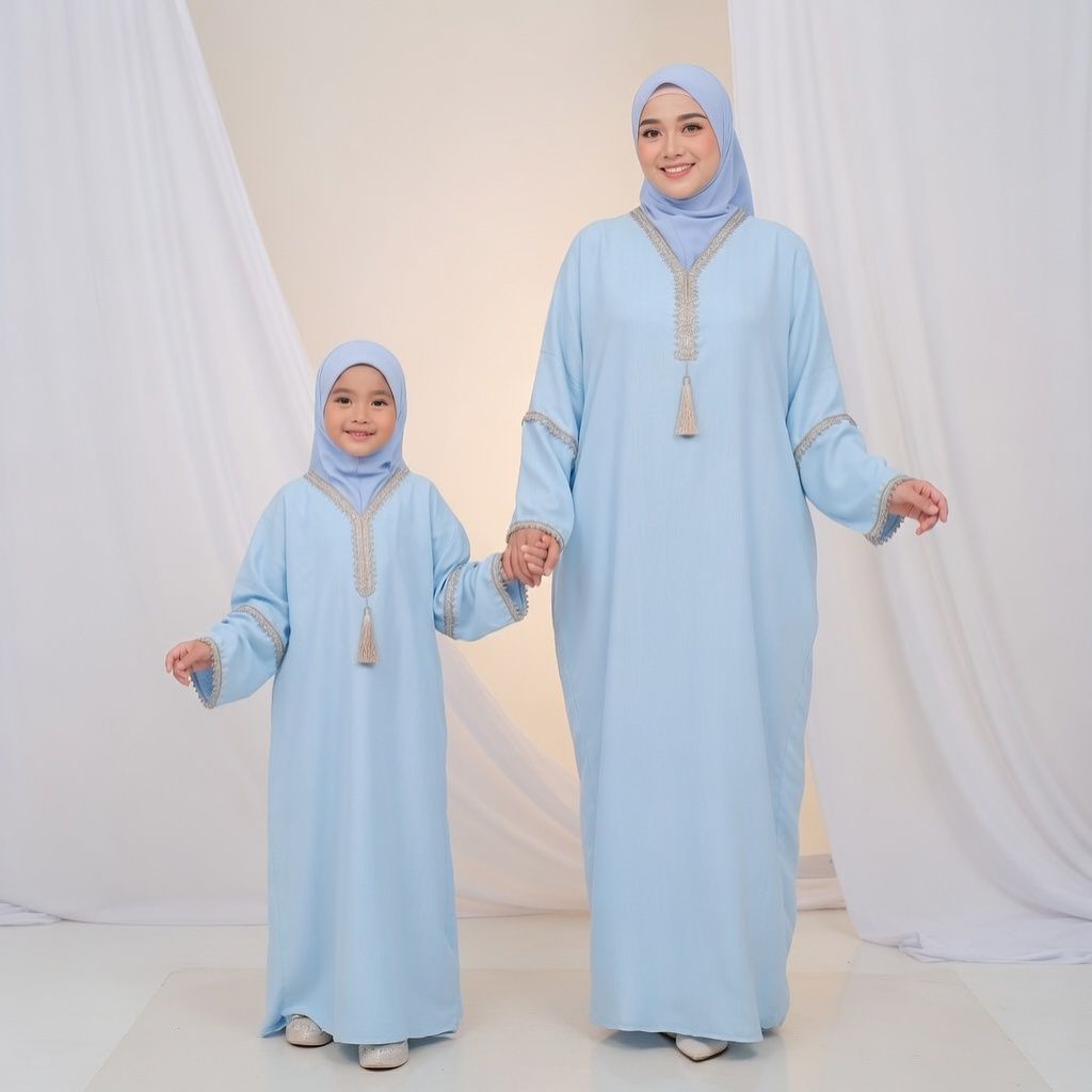 Abaya Kaftan Couple Ibu Anak Linen Gamis Lebaran Seragam