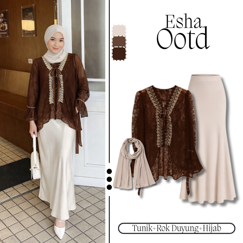 Setelan Baju Terbaru 2026 Set Kondangan Wanita Hijab [Outer Tunik Brokat + Rok Duyung + Pashmina] On