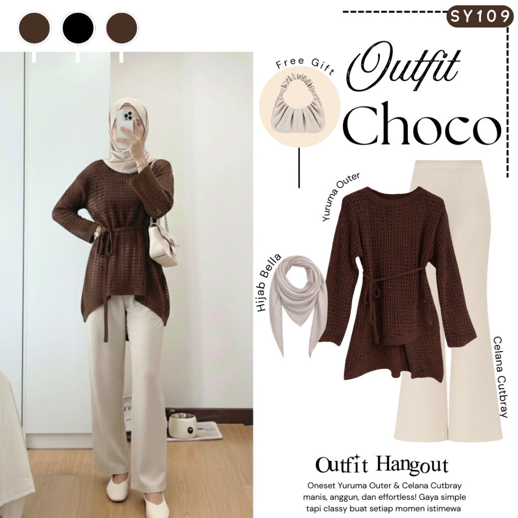 Yuka One Set Outfit Remaja 3in1 ( Bella Square + Outer + Celana ) One Set Mahogany - SY109