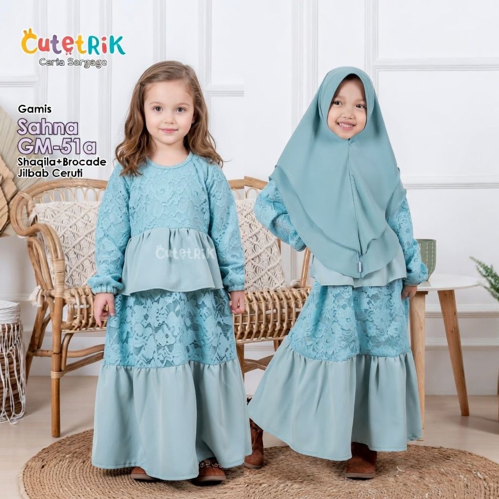 Gamis Anak Perempuan Set Jilbab Brokat Pesta M L usia 3-6Tahun CUTETRIK GM51 Baju Lebaran