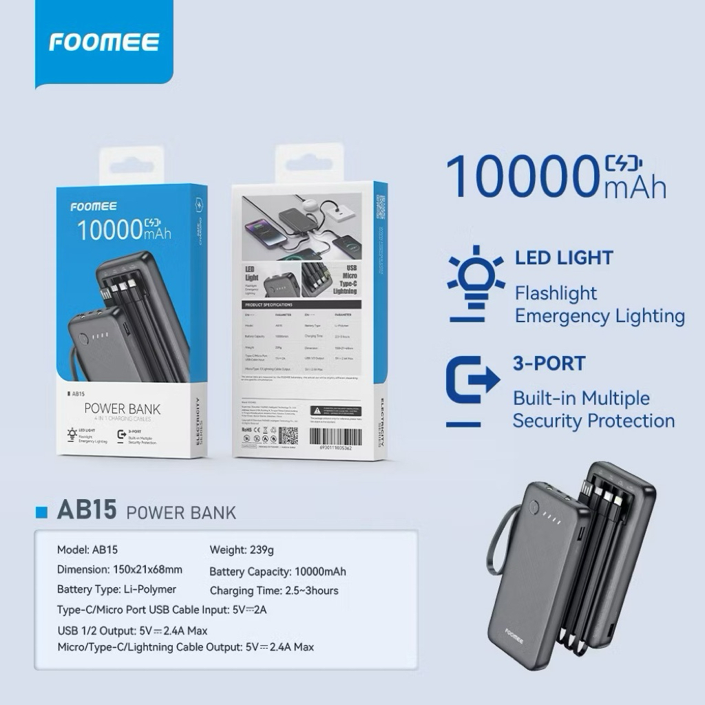 Foomee AB15 Power Bank 10.000Mah 4in1 Cable Real Capacity