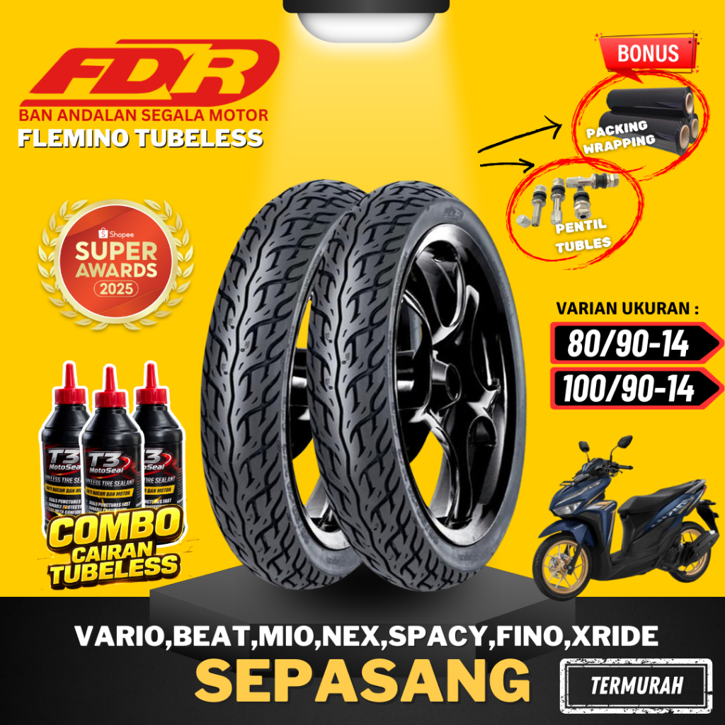 [PAKET SEPASANG] BAN FDR FLEMINO RING 14 / ( 80/90-14 & 100/90-14 ) BAN FDR TUBELESS TUBLES RING 14 
