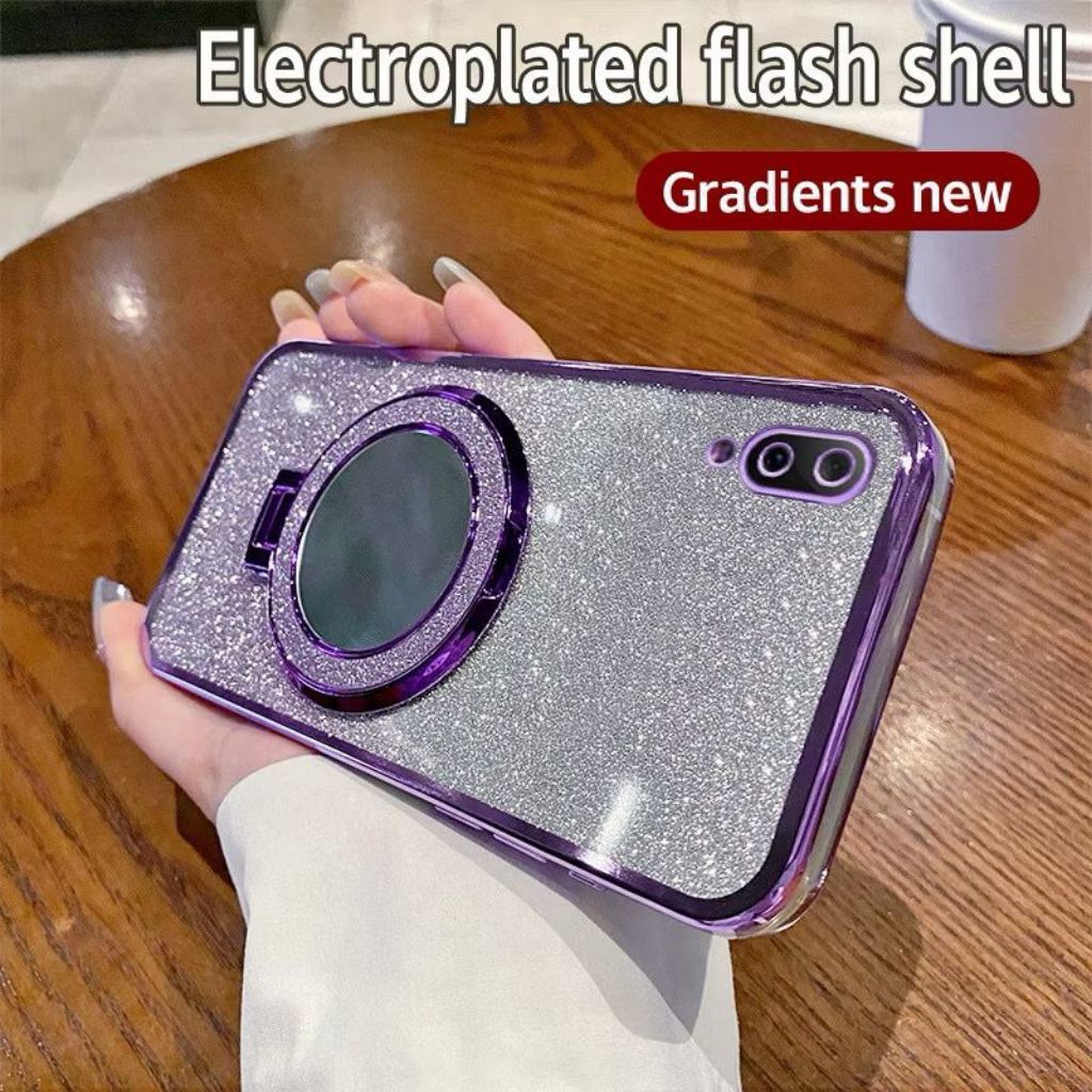 Casing VIVO Y91C / Y1S Soft Case Ring Standing Glitter Mirror Magnetic Terbaru