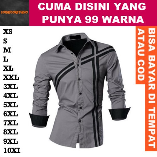 99 WARNA Hem Cowok Kemeja Pria Jumbo Big Size Lengan Panjang Sablon Garis Bordir ABU TUA MUDA GELAP 