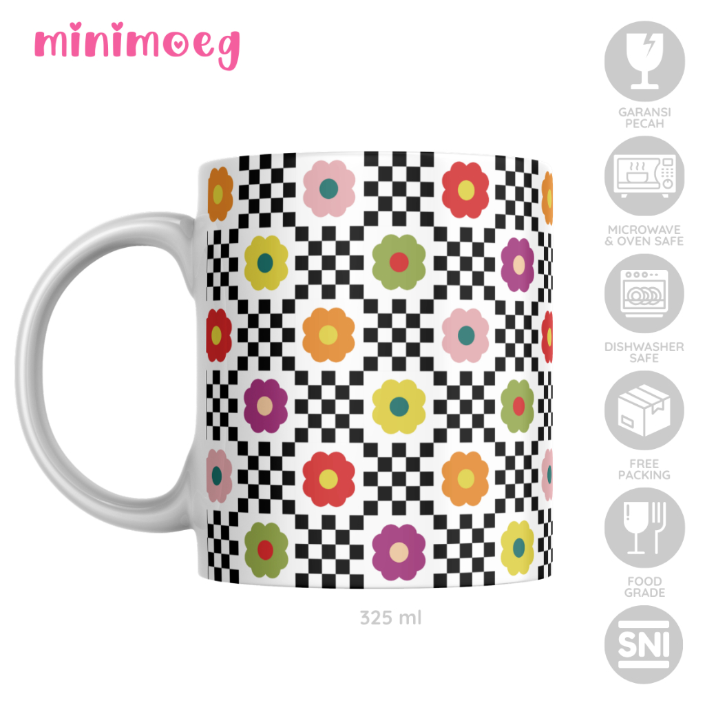 Mug Custom Keramik Motif Kotak-kotak Hitam Bunga Warna-warni Gelas Kopi Cangkir Teh Minum Air Lucu U