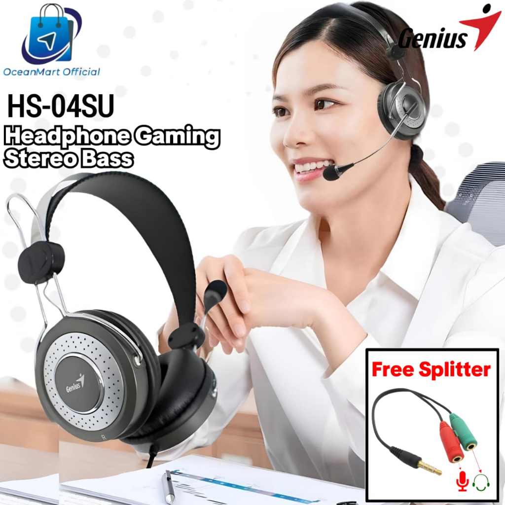 Headset Headphone Gaming Genius HS04SU Microphone Earphone Full Bass 3.5mm
