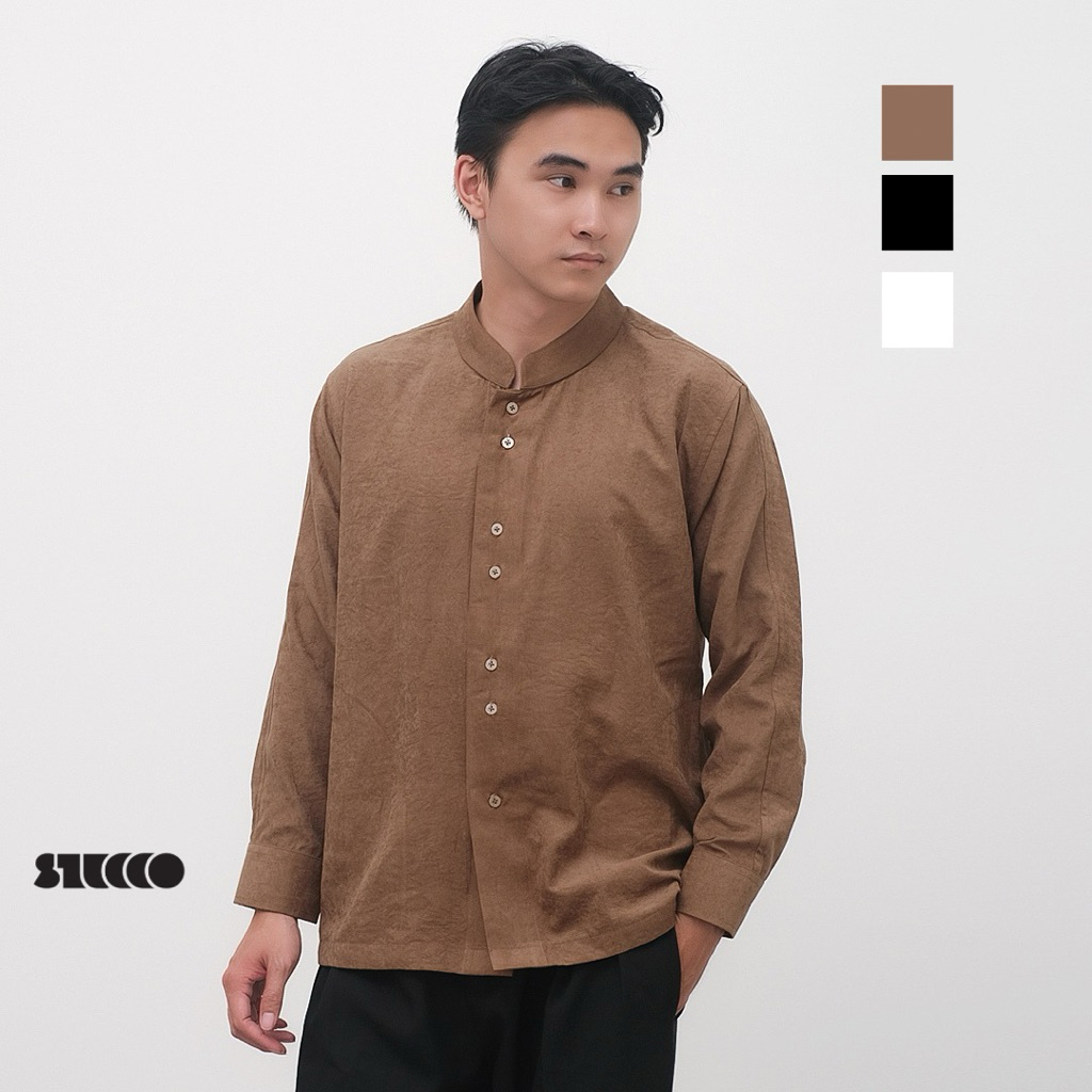STUCCO - NOOR Kemeja Koko Pria Suede Minimalis | Modern Stand Collar | Caramel | Hitam | BW