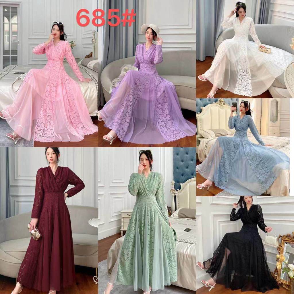 Gamis Dress Brokat Lace Korean Style Import Premium – Maxi Dress Panjang Elegan Lengan Panjang A-Lin