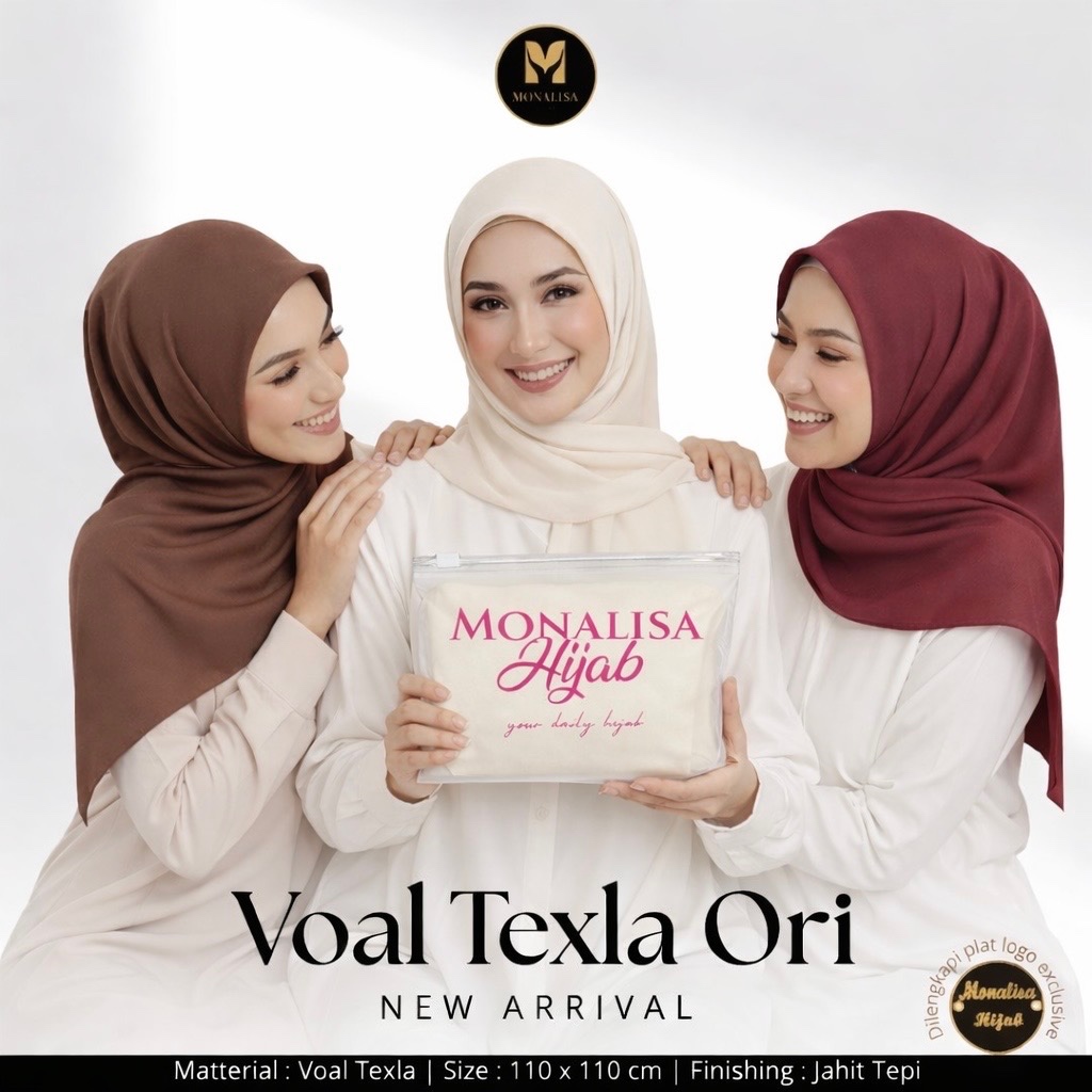 Hijab Segiempat Voal Exclusive Texla Ori Monalisa Logo Bulat Polos jahit Tepi Free Pouch | Kerudung 