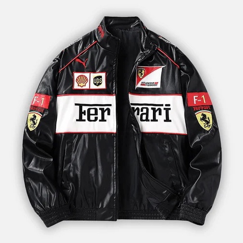 Ferrari F1 Vintage Racing Leather Jacket - White and Black Edition