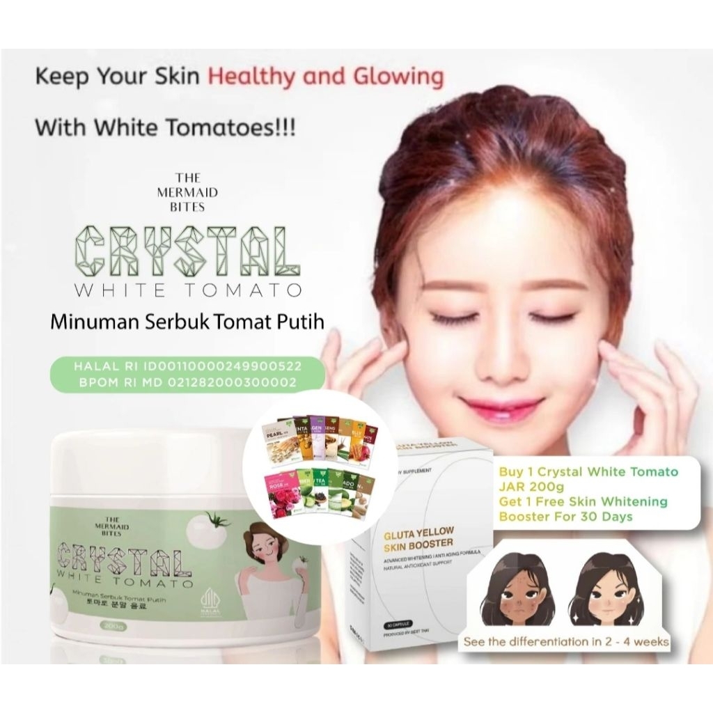BPOM THE MERMAID BITES CRYSTAL WHITE TOMATO WITH L-CYSTEINE POWDER (40HARI) FREE KOREAN SHEETMASK FR