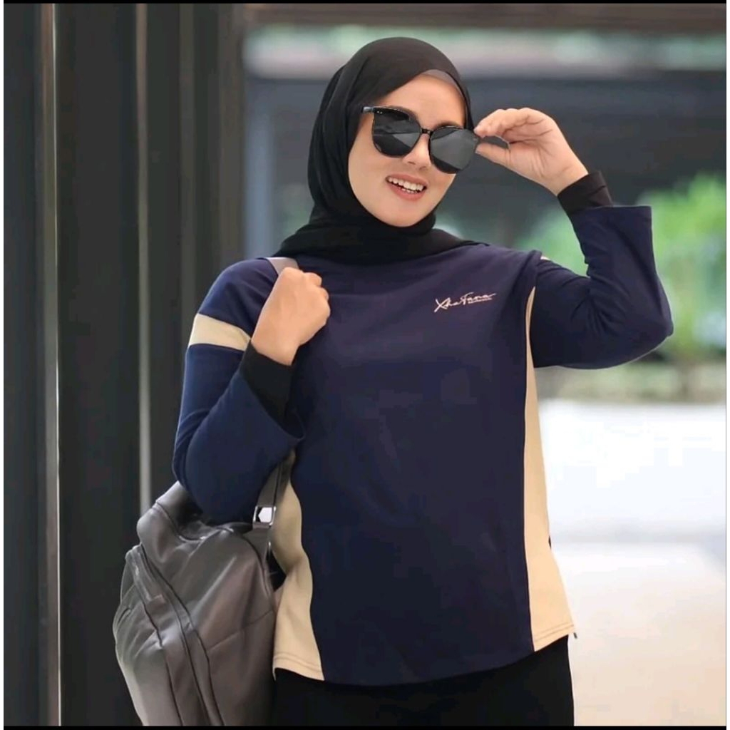 Xhafana oversized baju kaos atasan wanita kombinasi lengan 7/8