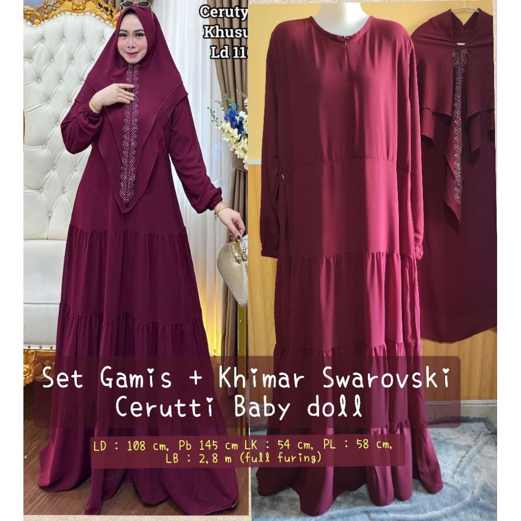 Set Gamis Merah Marroon Ceruty Babydoll Full Ruffle Umbrella + Khimar Swarovski Mewah | Full Furing 