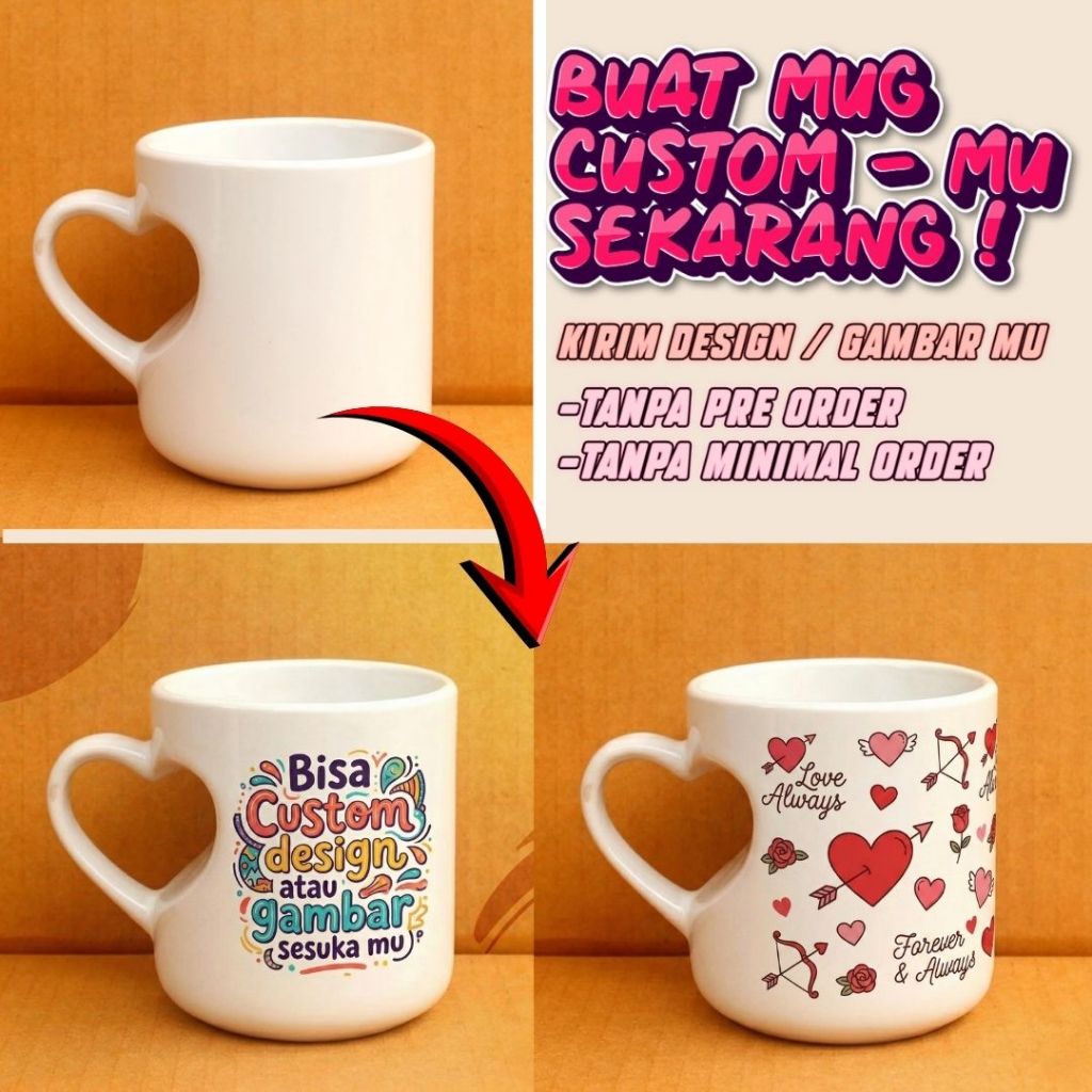 Mug Custom Gagang Love Keramik – Mug Hati Unik Bisa Foto & Logo | Souvenir Wedding, Hampers & Kado Spesial