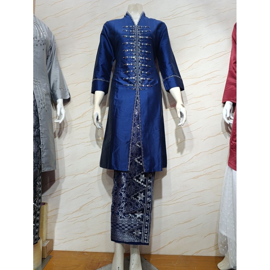 Baju Kurung Melayu Bahan Taffeta Warna Navy // Baju Kurung Tunik Payet Modern // Tunik Kebaya Bahan 
