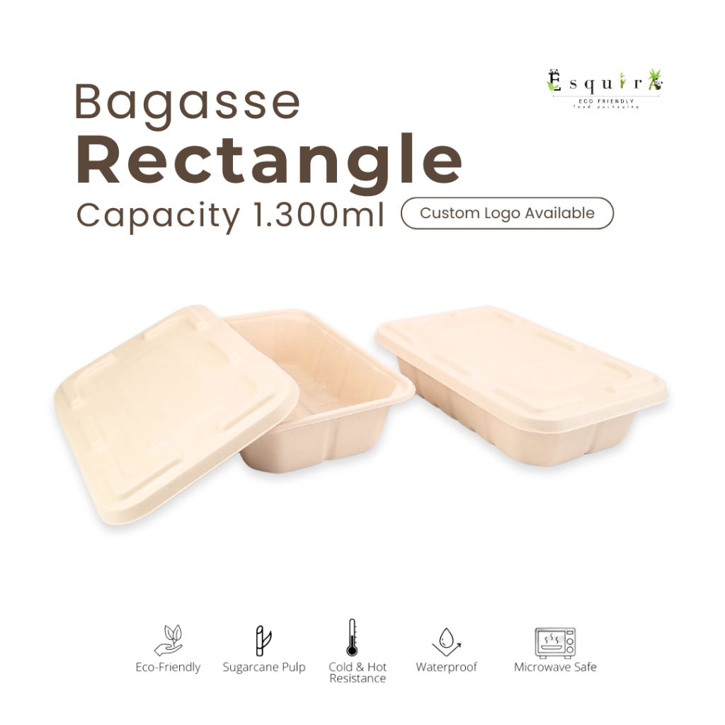 (HEGO) (10 SET) Bagasse Rectangle Container + Lid 1300ML
