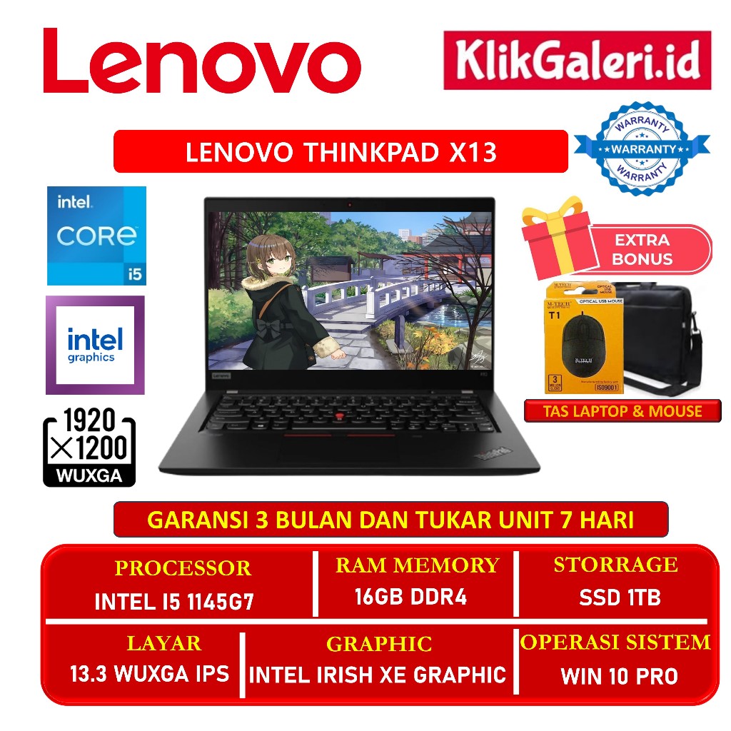 Laptop kerja Lenovo Thinkpad X13 Intel I5 1145G7 16GB 1TB 13.3 Wuxga Ips Win10Pro Black Ex Display