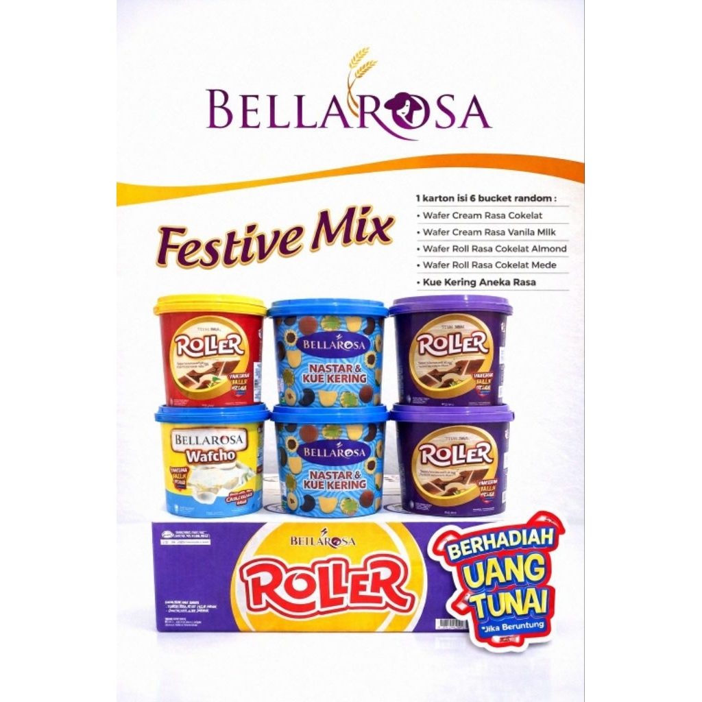 Bellarosa Festive Mix - Biskuit wafer dalam ember - Bellarosa roller - nastar dan kue kering - wafer