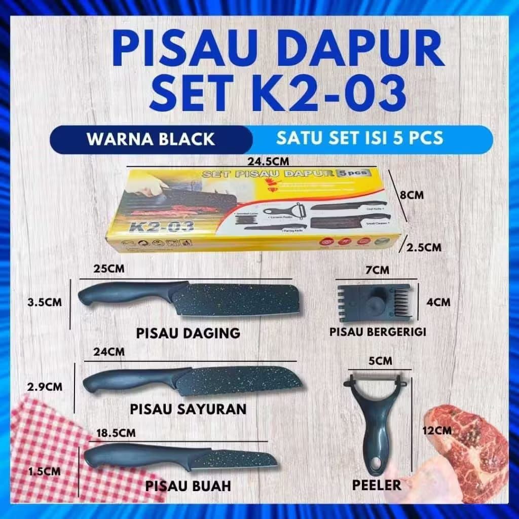 Pisau Dapur Lengkap / 1 Set Pisau Dapur Isi 5 Hitam K2-03