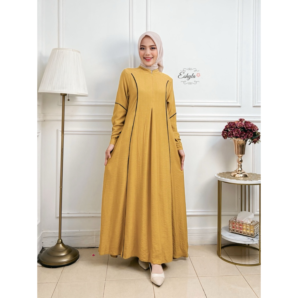 TSURAYYA DRESS BY. ESHYLA - Gamis Polos Lis Premium Linen Crinkle Import