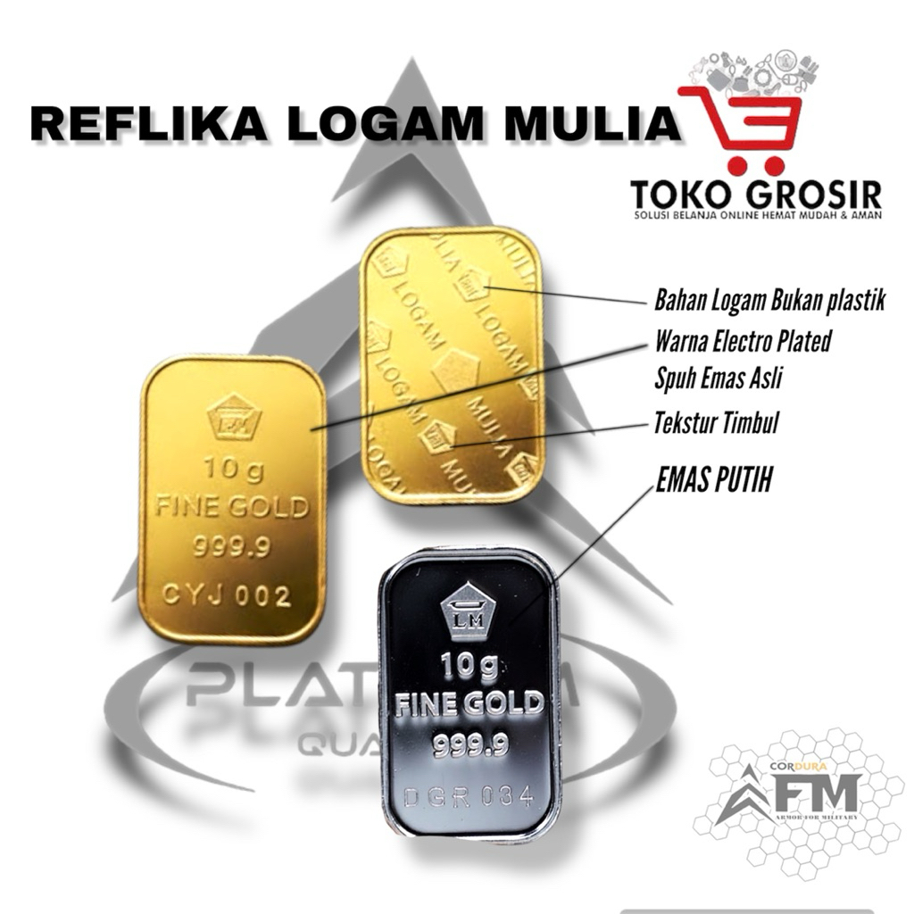 Replika Logam Mulia MOTIF LAMA | Tanpa kartu | Emas Putih | goldbar | Pilih ukuran Berat | Souvenir 