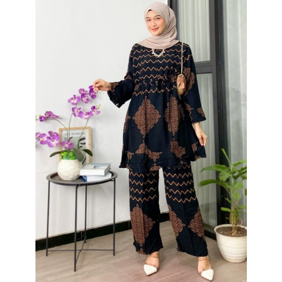 One Set Wanita Kekinian Jumbo Rayon Premium Busui Motif Sonya / Tunik Wanita Setelan Celana Terbaru