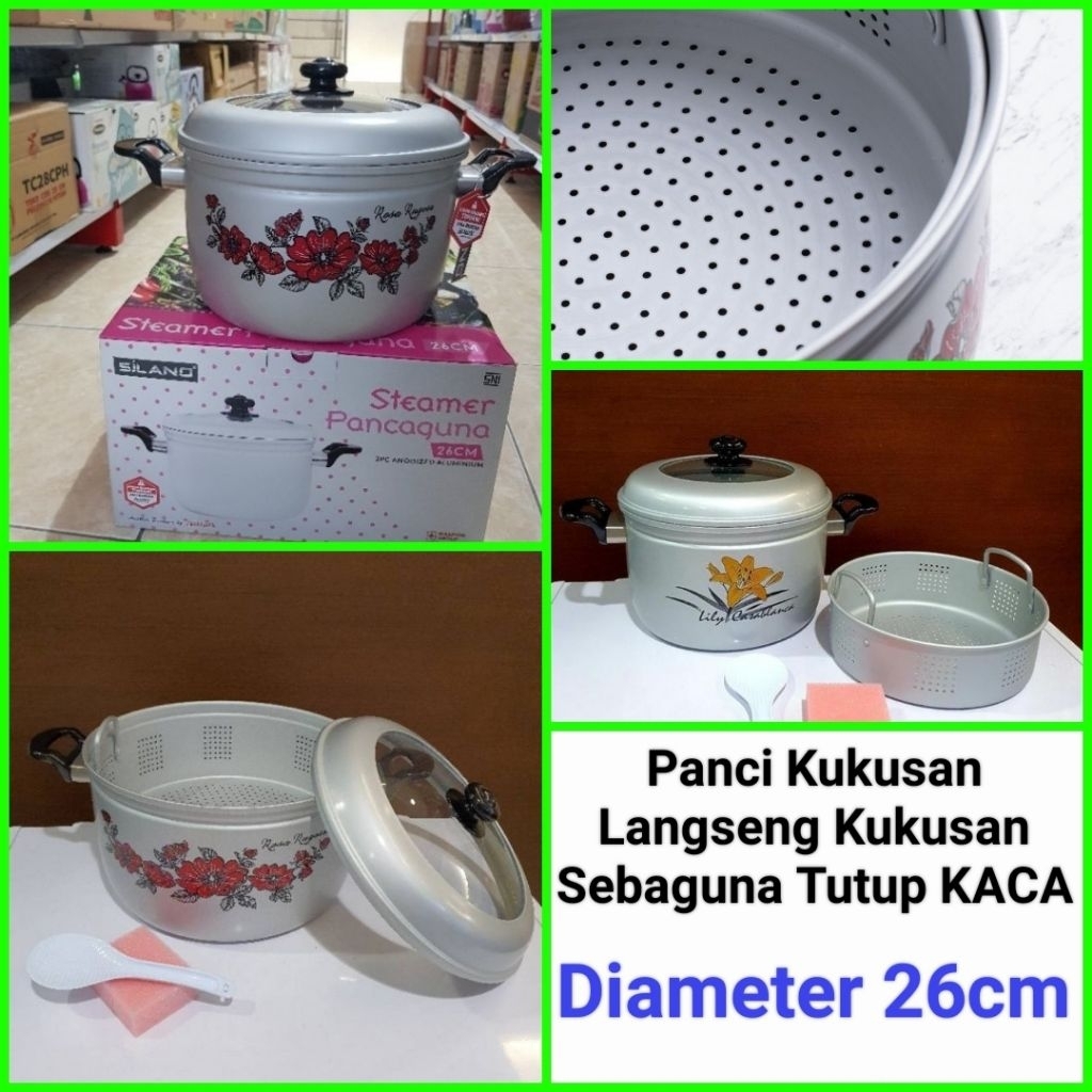 panci kukusan langseng kukusan alumunium panci serbaguna tutup kaca MASPION 26cm
