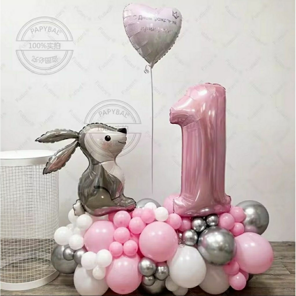 Set paket balon foil angka 80cm warna baby pink tema hewan kelinci rabbit bunny peliharaan pet stand